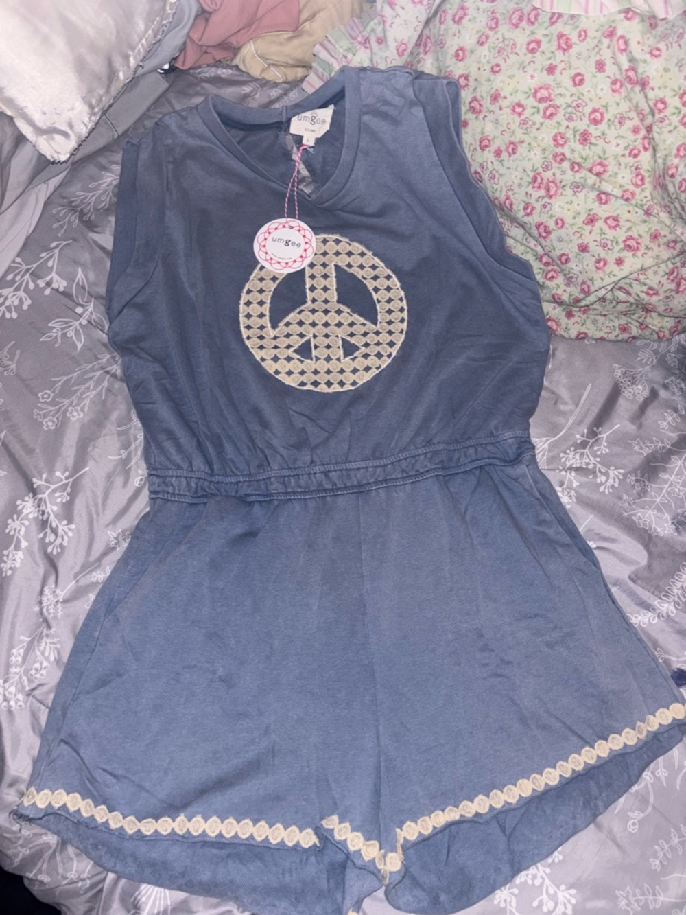 Umgee Blue Sleeveless Peace Sign Romper with Cream Trim